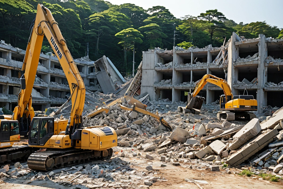 울산광역시 달동 지역의 주택 철거 현장에서 철거 작업 중인 장비와 철거된 구조물의 잔해가 정리된 모습. 철거된 주택의 구조적 특성과 주변 환경이 자연스럽게 보이는 장면.