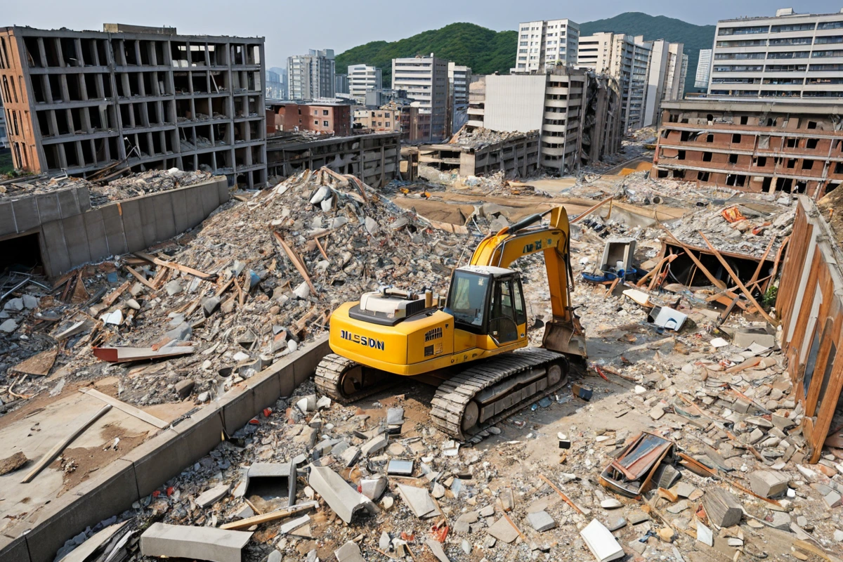 울산광역시 대현동의 텍스 철거 현장에서 철거 중인 구조물과 정확한 비용 산정을 위한 사전 평가 도구가 함께 배치된 자연스러운 장면, 철거 과정에서의 구조물 상태와 폐기물 처리 방식
