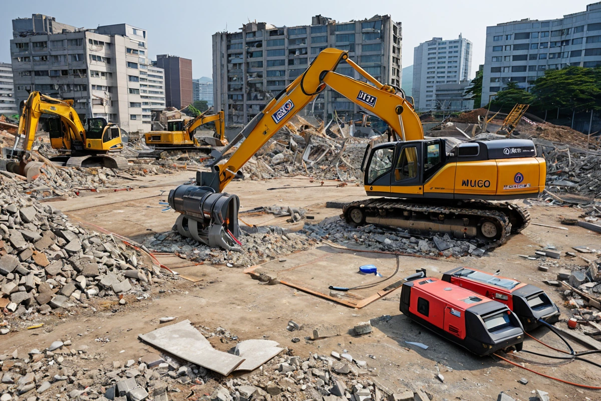 울산광역시 무거동의 텍스 철거 현장에서 철거 면적과 구조를 분석하는 작업 중인 철거 장비가 정확히 배치된 모습. 철거 대상물의 규모와 구조를 고려한 비용 산정을 위한 정확한 측정