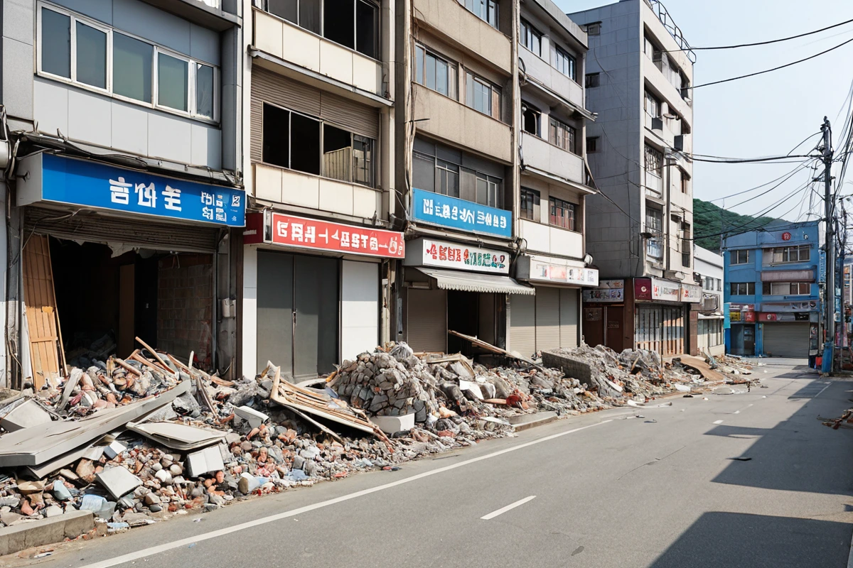 울산광역시 무거동 주거지와 상업지가 혼재된 거리, 작은 규모의 상가 건물과 주택 건물 사이에 설치된 가벽 철거 작업 중인 현장, 철거된 가벽 잔해가 깔끔하게 정리된 공간, 건물 외