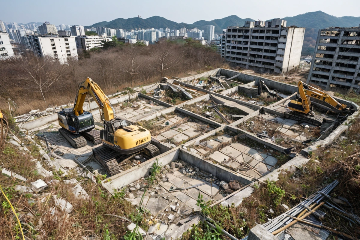 울산광역시 무거동 지역의 노후된 주택 철거 현장, 구조 점검을 위해 철거 전에 철거 장비가 정리된 상태로 배치된 모습이 보입니다.