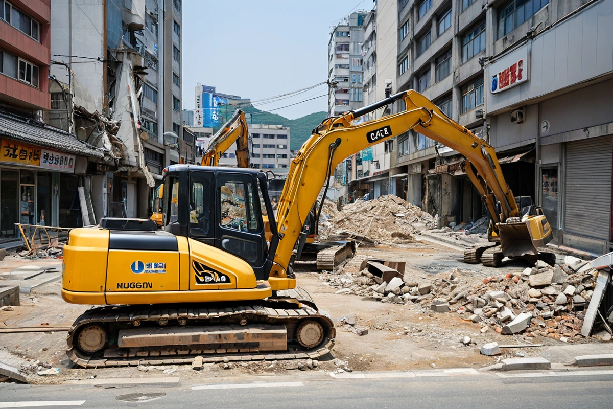 울산광역시 무거동 지역의 피시방 철거 현장에서 건물 규모와 철거 방법에 맞춘 비용 산정을 위한 현장 조사 장면, 건물 외벽에 철거 계획서가 부착된 모습과 철거 장비가 준비된 공간이