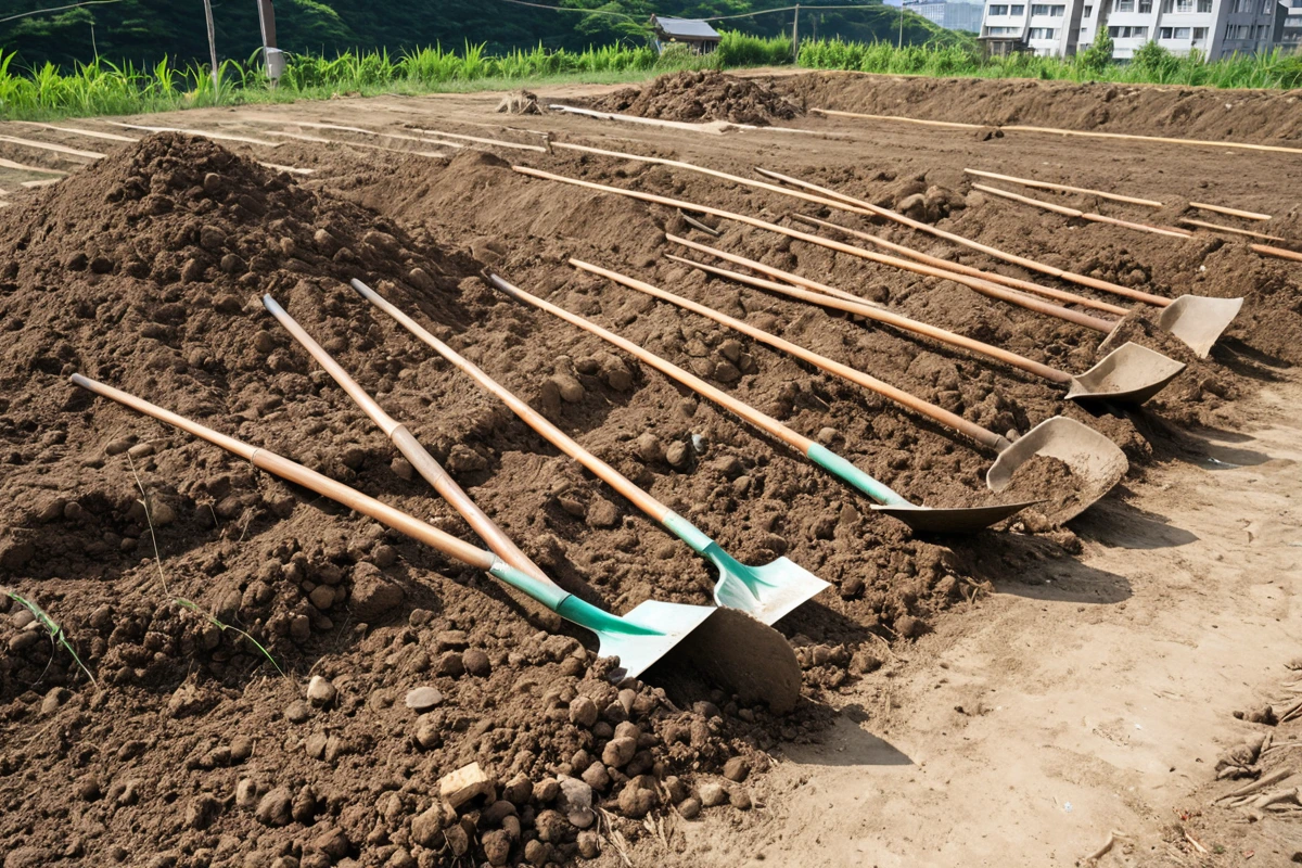 울산광역시 옥동 지역의 소규모 토지 위에 철거 작업 후 원상복구를 위한 토양 정리 장면, 100㎡ 미만의 토지에 흙과 잔해가 정리된 모습, 간단한 농업 도구가 놓여 있는 자연스러운