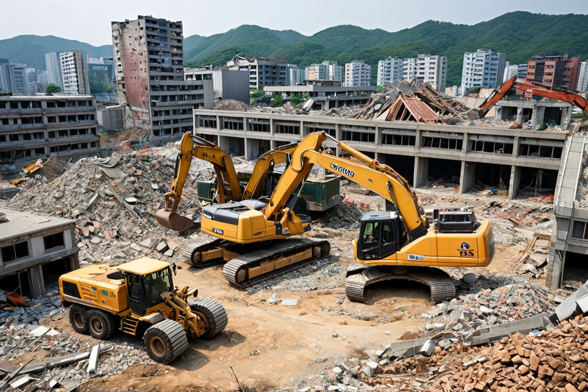 울산광역시 옥동 지역의 텍스철거 현장에서 철거 작업 중인 중장비가 구조물의 철거를 진행하는 모습. 철거 대상의 크기와 구조에 따라 비용이 달라지는 것을 보여주기 위해 다양한 크기의