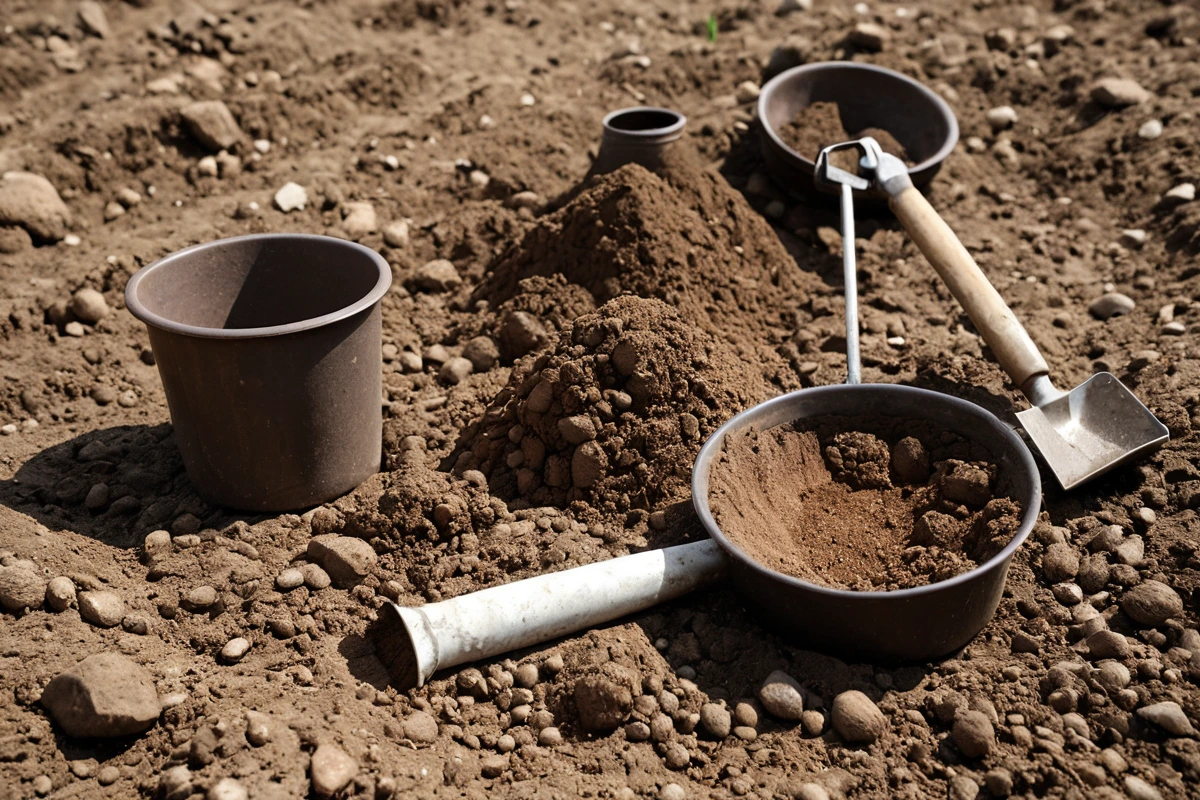 울산광역시 옥동 지역의 토양 검사 장면, 흙을 채취한 후 분석을 위해 준비된 흙 샘플과 간단한 검사 도구가 놓인 토양 표면, 흙의 상태를 확인하는 자연스러운 모습