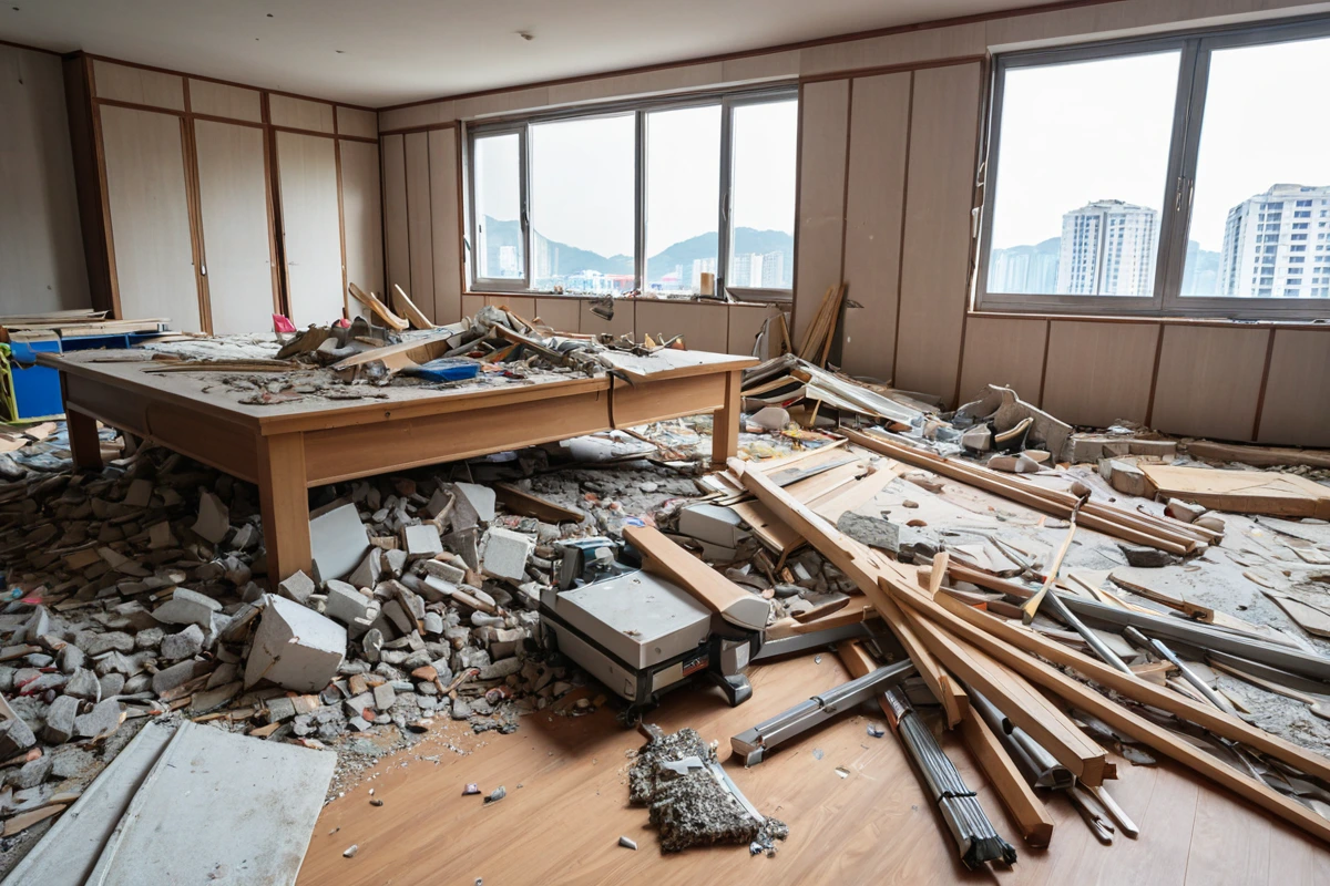울산광역시의 한 주택 내부에서 철거 중인 인테리어 구조물이 정리된 모습. 철거된 벽면과 바닥의 재료가 깔끔하게 분리되어 놓여 있으며, 철거 작업 전후 비교를 위한 정확한 측정 도구