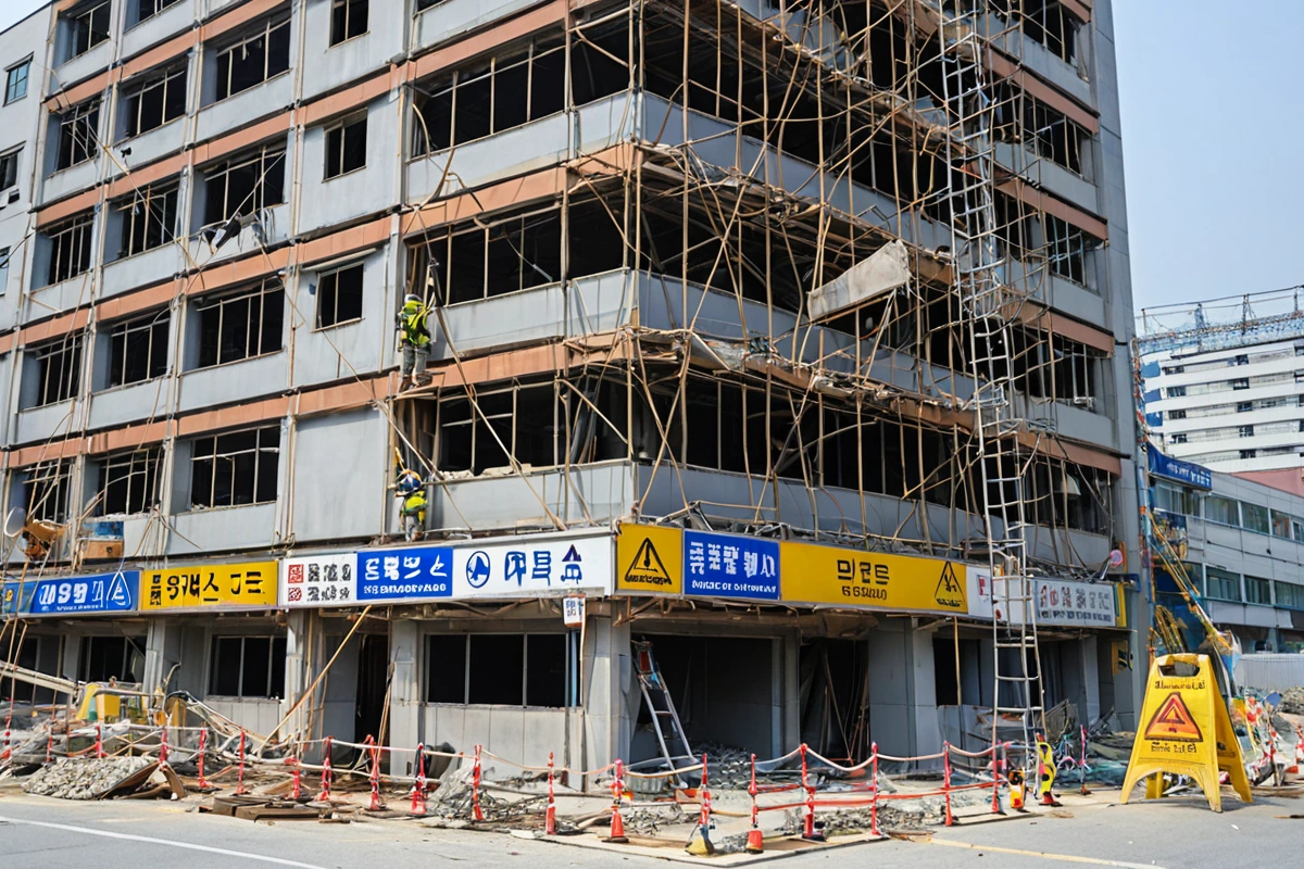 울산 달동 지역의 상가 건물 높은 곳에 설치된 간판 철거 현장. 안전 장비를 갖춘 철거 장비가 준비되어 있고, 주변에 안전 경고 표지가 배치된 실제적인 작업 환경을 묘사.