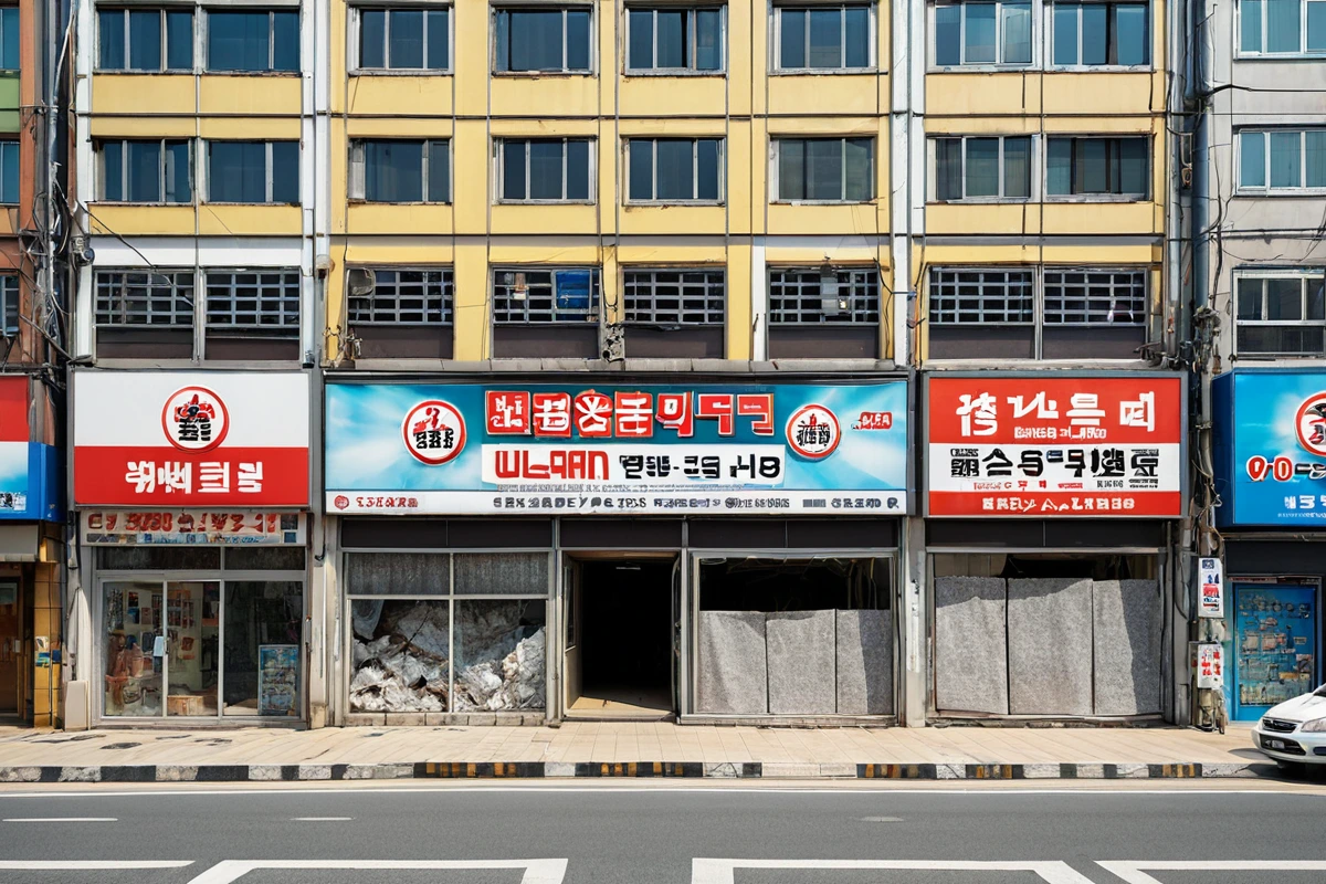 울산 달동 지역의 상가 건물 외부에 설치된 다양한 크기의 간판이 보이는 현장. 대형 LED 간판과 소형 플래카드 간판이 함께 배치되어 있으며, 간판의 크기와 재질에 따라 철거 비용