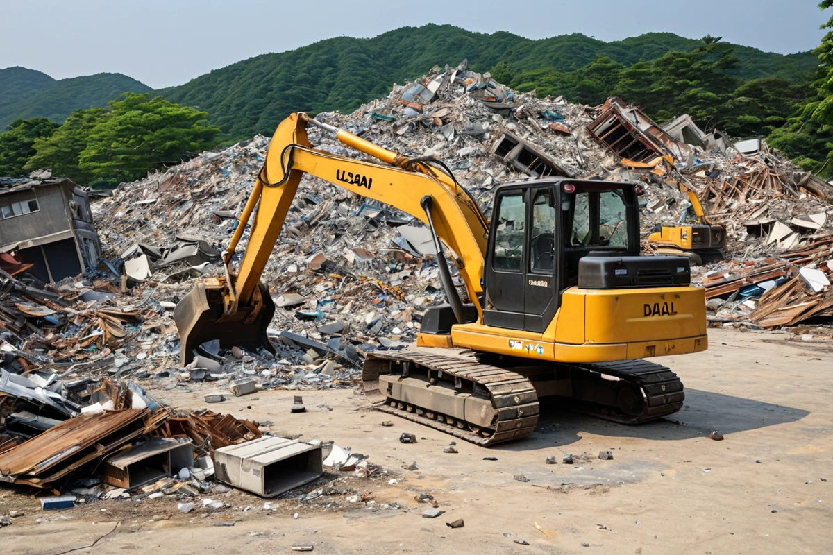 울산달동 지역의 점포 철거 현장에서 철거 전 자재 분석을 위한 재활용 가능한 자재가 놓여진 모습. 철거 장비가 정리된 배경에서 재활용 가능한 금속과 목재가 분류되어 있는 자연스러운