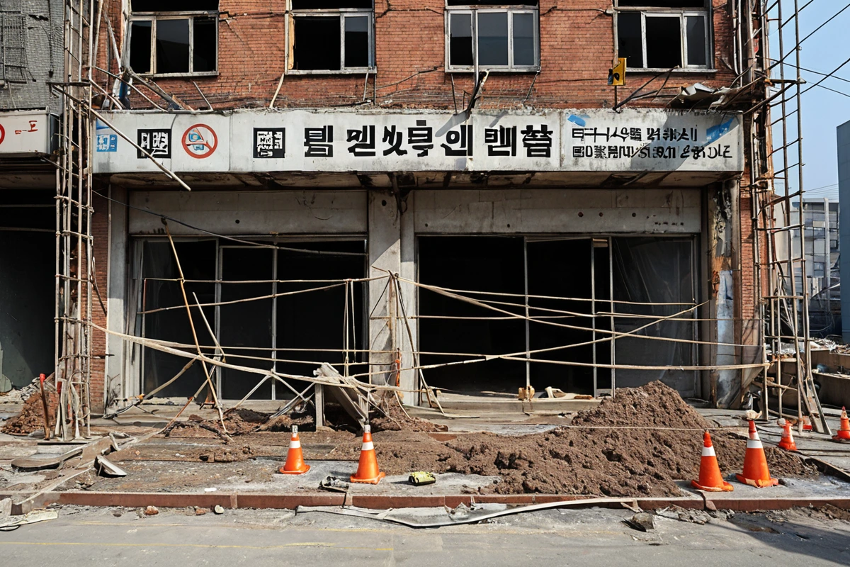 울산 야음동 상가 건물 외벽에 걸린 간판 철거 현장, 철거 작업을 위한 안전망과 작업대가 준비된 모습, 간판 크기와 위치에 따른 비용 예측을 위한 측정 도구가 놓인 흙바닥