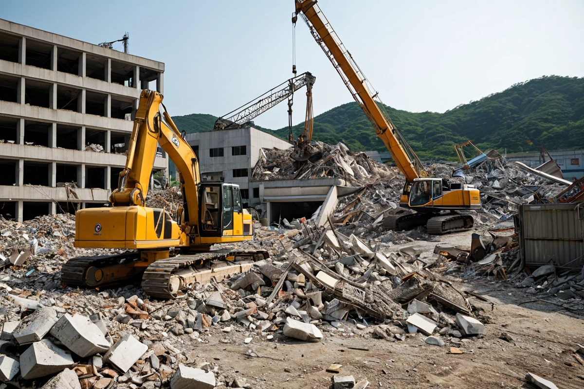 울산 옥동 지역의 중소기업 사무실 철거 현장에서 철거 작업 중인 장비가 철거된 구조물과 폐기물 처리를 위한 차량이 배치된 장면, 철거 면적과 구조물의 복잡도를 반영한 실제 철거 현
