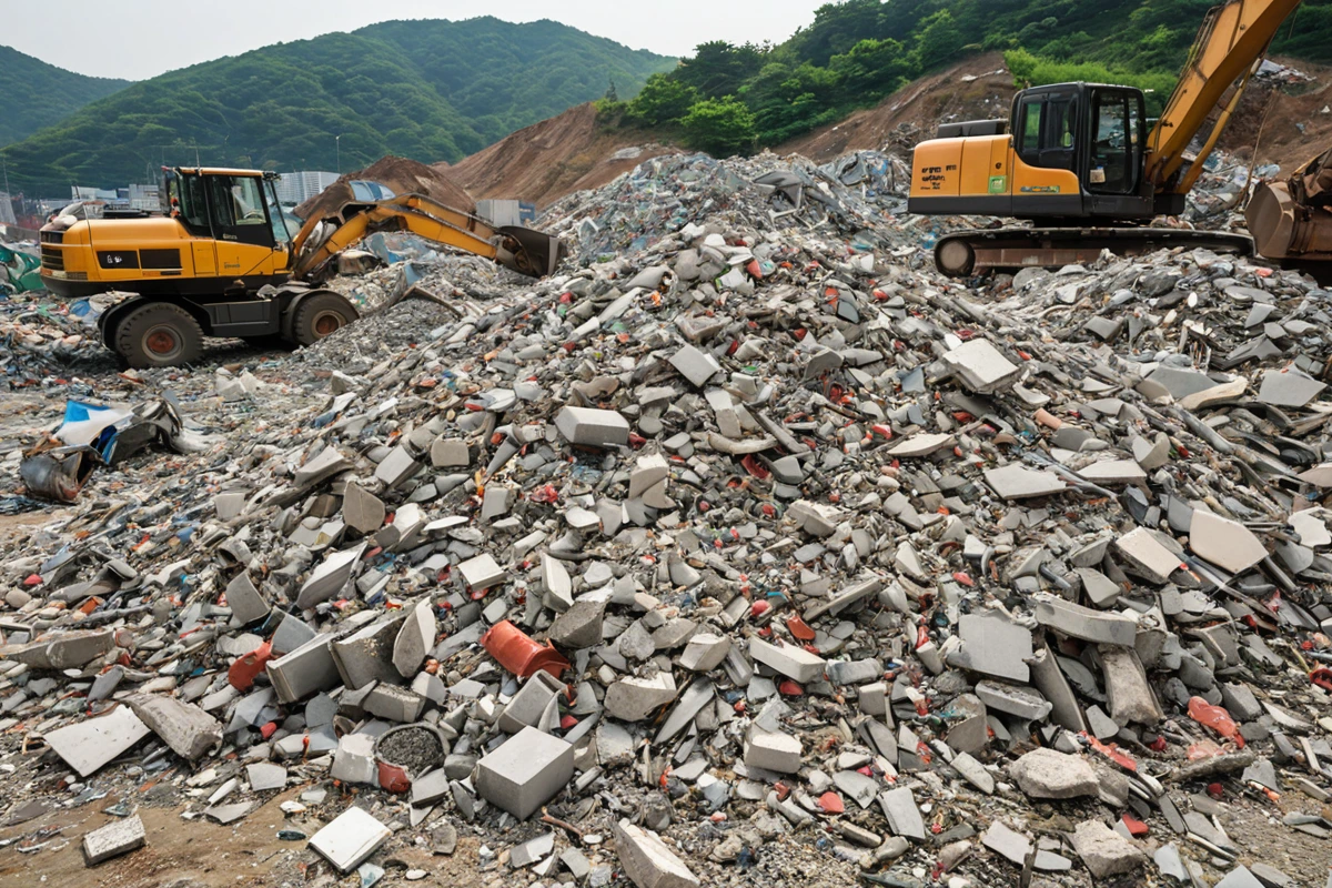 울산철거 현장에서 폐기물 처리를 위해 재활용 가능한 자재들이 분류된 모습. 철거된 콘크리트 조각과 금속 부산물이 정리되어 있는 장면으로, 폐기물 처리 비용 절감을 보여주는 구체적인